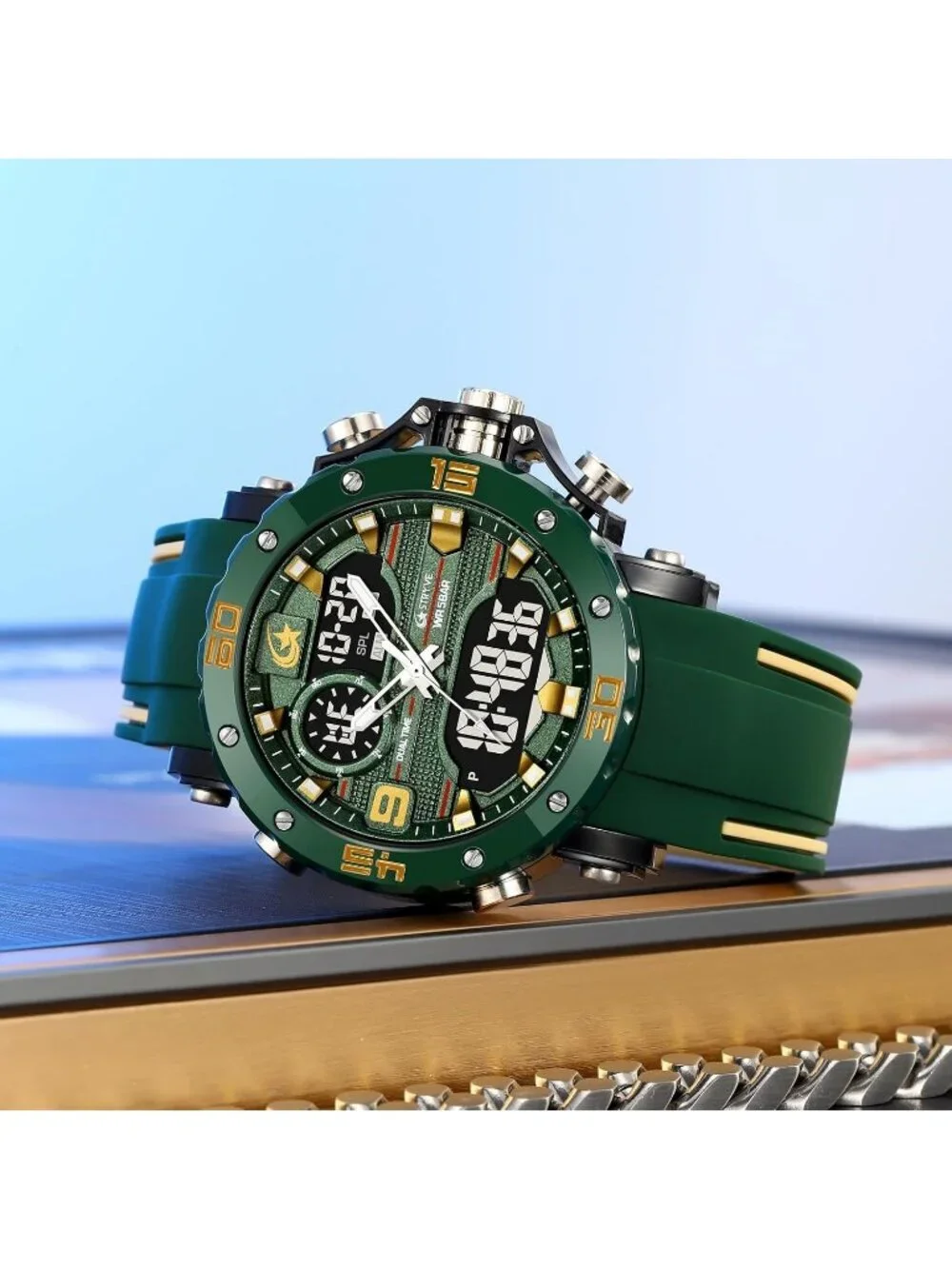 Men's Green Analog Quartz Silicone Band Waterproof Multifunction Digital Watch